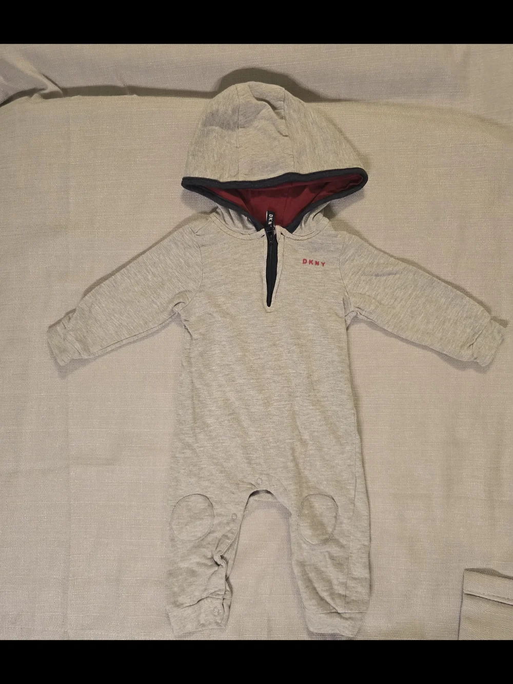 DKNY Baby Hooded Quarter Zip Romper Gray Red 6-9M Cotton One Piece